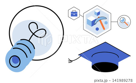 Light bulb mining and graduation cap icons vector illustration. Knowledge, academic achievement, business development, creative thinking, research, professional growth. Learning symbols and ideas Light bulb mining and graduation cap icons vector illustration. Knowledge, academic achievement, business development, creative thinking, research, professional growth. Learning symbols and ideas 141989278