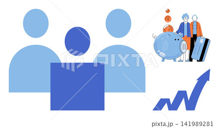 People with piggy bank and credit card vector illustration. Retirement planning, financial growth, investment strategy, personal savings, wealth management, economic success. Seniors managing money 141989281