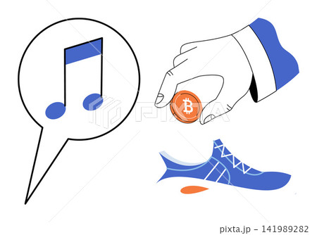 Music note in speech bubble, hand holding bitcoin, and running shoe vector illustration. Digital economy, fitness tracking, audio streaming, cryptocurrency, lifestyle, modern technology. Musical Music note in speech bubble, hand holding bitcoin, and running shoe vector illustration. Digital economy, fitness tracking, audio streaming, cryptocurrency, lifestyle, modern technology. Musical 141989282