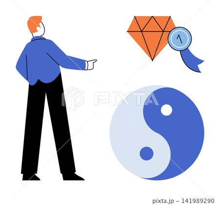 A man pointing at a diamond award and a yin yang symbol vector illustration. Success, balance, harmony, achievement, duality, life goals. Person gesturing toward a gemstone prize and taijitu A man pointing at a diamond award and a yin yang symbol vector illustration. Success, balance, harmony, achievement, duality, life goals. Person gesturing toward a gemstone prize and taijitu 141989290