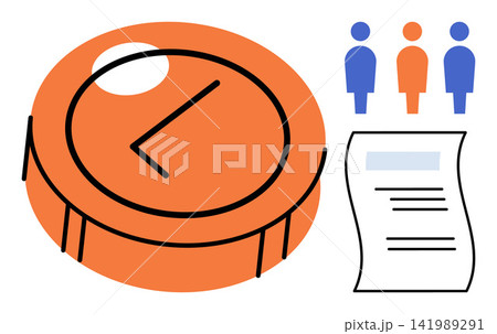 Robotic vacuum cleaner with user icons and document vector illustration. Smart home technology, automated cleaning, household maintenance, device management, user settings, floor care. Autonomous 141989291