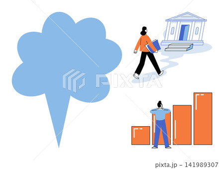 People walking to university and analyzing growth charts with a large speech bubble vector illustration. Education, career development, financial growth, academic success, business planning People walking to university and analyzing growth charts with a large speech bubble vector illustration. Education, career development, financial growth, academic success, business planning 141989307