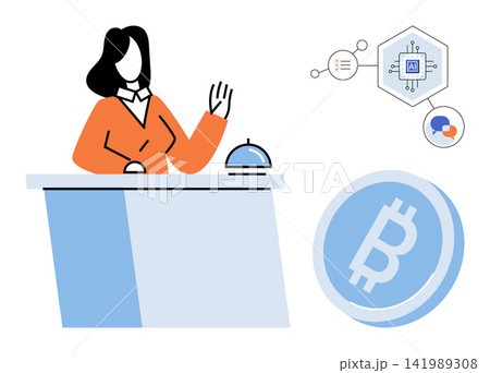 Receptionist at a hotel desk with bitcoin payment and artificial intelligence technology vector illustration. Hospitality, digital currency, automation, customer service, fintech, innovation. Hotel Receptionist at a hotel desk with bitcoin payment and artificial intelligence technology vector illustration. Hospitality, digital currency, automation, customer service, fintech, innovation. Hotel 141989308