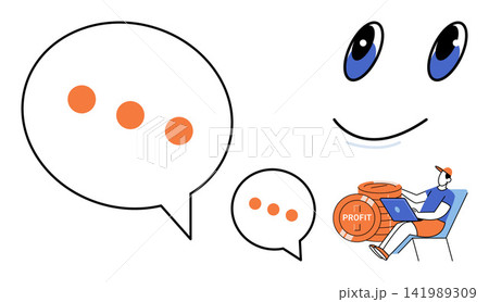 A person working on a laptop with speech bubbles and coins vector illustration. Digital marketing, financial growth, remote work, online communication, business strategy, profit. Freelancer using A person working on a laptop with speech bubbles and coins vector illustration. Digital marketing, financial growth, remote work, online communication, business strategy, profit. Freelancer using 141989309