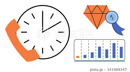 Clock with telephone handset diamond award and bar chart vector illustration. Time management, customer support, premium quality, business growth, data analysis, performance tracking. Watch Clock with telephone handset diamond award and bar chart vector illustration. Time management, customer support, premium quality, business growth, data analysis, performance tracking. Watch 141989347