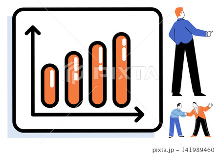 Business growth bar chart and professional people characters vector illustration. Financial analysis, corporate success, teamwork, partnership, data reporting, market strategy. Economic progress 141989460