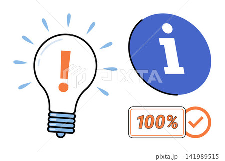 Light bulb with exclamation mark, information icon, and success checkmark vector illustration. Problem solving, customer support, business solutions, task completion, accuracy, guidance. Idea symbol 141989515