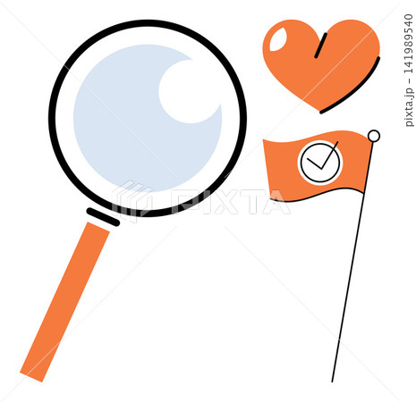 Magnifying glass heart and flag with checkmark vector illustration. Research, love, achievement, validation, quality, success. Search tool, symbol of affection, banner with tick mark Magnifying glass heart and flag with checkmark vector illustration. Research, love, achievement, validation, quality, success. Search tool, symbol of affection, banner with tick mark 141989540