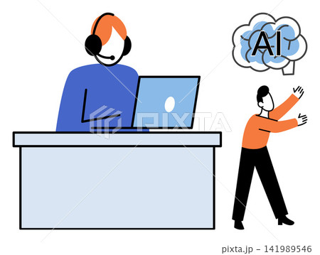 Customer support agent with laptop and AI brain icon vector illustration. Technical assistance, machine learning, digital transformation, automated service, virtual help, smart technology. Operator Customer support agent with laptop and AI brain icon vector illustration. Technical assistance, machine learning, digital transformation, automated service, virtual help, smart technology. Operator 141989546