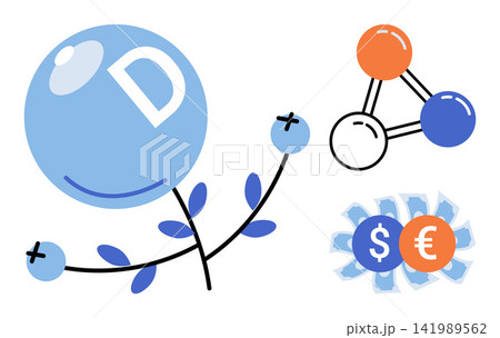 Vitamin D molecule and currency symbols vector illustration. Health benefits, nutritional science, pharmaceutical industry, financial investment, dietary supplements, market growth. Chemical Vitamin D molecule and currency symbols vector illustration. Health benefits, nutritional science, pharmaceutical industry, financial investment, dietary supplements, market growth. Chemical 141989562