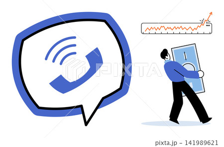 A phone icon in a speech bubble and a person carrying money with a rising chart vector illustration. Finance, communication, investment, profit, strategy, success. Telephony symbol and investor 141989621