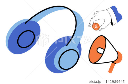 Headphones megaphone and hand holding bitcoin vector illustration. Business promotion, financial technology, audio communication, digital marketing, online investment, media outreach. Audio gear 141989645