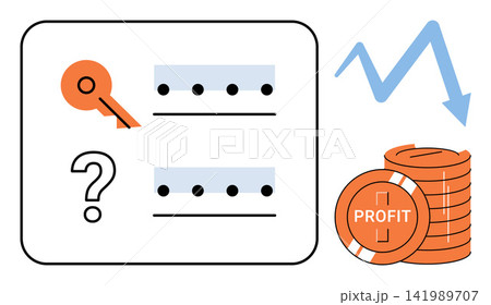 Password security breach and financial loss vector illustration. Data theft, cyber security, account hacking, investment risk, money loss, digital fraud. Compromised login credentials and declining 141989707