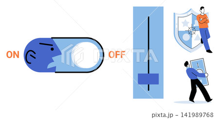 Human head toggle switch with shield and money icons vector illustration. Emotional regulation, financial security, mental stability, personal protection, stress management, life balance. Mind Human head toggle switch with shield and money icons vector illustration. Emotional regulation, financial security, mental stability, personal protection, stress management, life balance. Mind 141989768