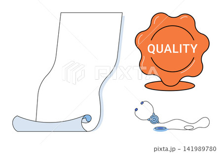 Blank paper scroll, quality seal, and stethoscope vector illustration. Healthcare standards, medical certification, clinical documentation, professional service, hospital equipment, compliance. Paper Blank paper scroll, quality seal, and stethoscope vector illustration. Healthcare standards, medical certification, clinical documentation, professional service, hospital equipment, compliance. Paper 141989780