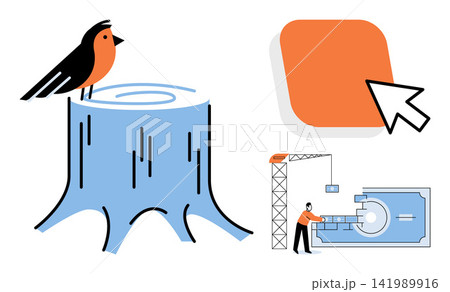 Bird on a tree stump, cursor clicking a button, and construction workers building a vault vector illustration. Nature, technology, finance, development, progress, industry. Avian on wood Bird on a tree stump, cursor clicking a button, and construction workers building a vault vector illustration. Nature, technology, finance, development, progress, industry. Avian on wood 141989916