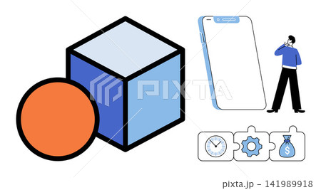Geometric shapes, smartphone, and puzzle icons vector illustration. Project management, business planning, time efficiency, financial growth, digital strategy, workflow optimization. Abstract figures Geometric shapes, smartphone, and puzzle icons vector illustration. Project management, business planning, time efficiency, financial growth, digital strategy, workflow optimization. Abstract figures 141989918