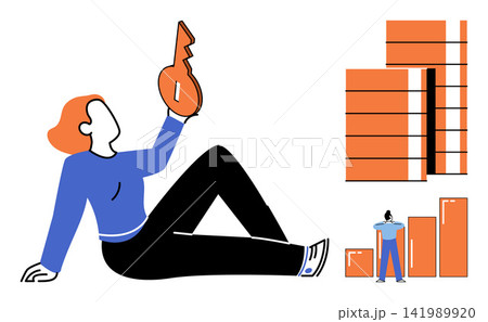 Woman sitting and holding a key near growing financial charts vector illustration. Investment, wealth, business strategy, savings, profit, economic growth. Female investor with money graphs Woman sitting and holding a key near growing financial charts vector illustration. Investment, wealth, business strategy, savings, profit, economic growth. Female investor with money graphs 141989920