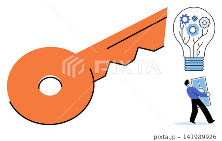 A large key with a lightbulb and a person carrying money vector illustration. Innovation, financial growth, business strategy, creative solution, investment, success. Unlocking wealth ideas 141989926