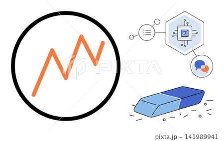Data chart, AI chip, and eraser icons vector illustration. Business analytics, machine learning, digital editing, information processing, technology optimization, content correction. Graphic symbols 141989941
