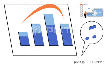 Bar chart showing growth trends with a music note icon vector illustration. Audio industry, market performance, streaming statistics, digital media, sound analytics, creative business. Financial 141989943