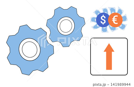 Gears with currency symbols and an upward arrow vector illustration. Economic growth, financial strategy, business development, market efficiency, profit increase, investment success. Mechanical 141989944