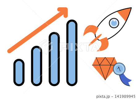 Bar chart with upward arrow, rocket ship, and diamond icon vector illustration. Startup development, financial success, goal achievement, market growth, business strategy, performance. Rising graph Bar chart with upward arrow, rocket ship, and diamond icon vector illustration. Startup development, financial success, goal achievement, market growth, business strategy, performance. Rising graph 141989945