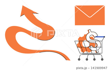 Orange arrow pointing up with email icon and shopping cart vector illustration. Digital marketing, sales growth, online business, consumer behavior, revenue increase, retail strategy. Financial Orange arrow pointing up with email icon and shopping cart vector illustration. Digital marketing, sales growth, online business, consumer behavior, revenue increase, retail strategy. Financial 141989947