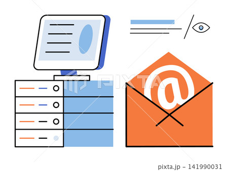 Computer server and email envelope vector illustration. Data storage, network security, digital communication, information technology, cloud hosting, electronic mail. Mail icon and workstation Computer server and email envelope vector illustration. Data storage, network security, digital communication, information technology, cloud hosting, electronic mail. Mail icon and workstation 141990031