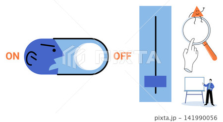 Toggle switch and magnifying glass vector illustration. Productivity, management, focus, efficiency, strategy, business growth. Interface button and search tool for professional workflow Toggle switch and magnifying glass vector illustration. Productivity, management, focus, efficiency, strategy, business growth. Interface button and search tool for professional workflow 141990056