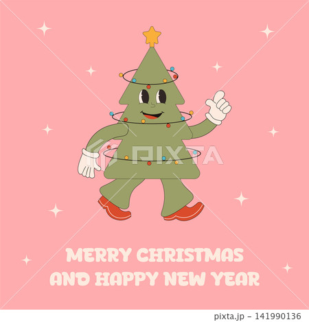 Christmas green tree with happy smiling face. Groovy retro Christmas vector illustration. Holly jolly vibes Christmas green tree with happy smiling face. Groovy retro Christmas vector illustration. Holly jolly vibes 141990136