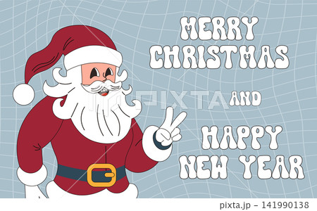 Merry Christmas and Happy New Year. groovy funky poster. Santa Claus in trendy funky retro style. Greeting card, template and poster 141990138