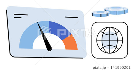 Performance gauge with global network and currency coins vector illustration. Business growth, financial success, global economy, market speed, digital trade, investment strategy. Speedometer icon 141990201