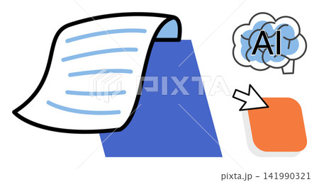 Document page with AI brain icon and cursor vector illustration. Content creation, machine learning, automated writing, digital marketing, software development, data processing. Paper sheet 141990321