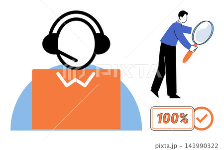 Customer support agent with headset and man using magnifying glass vector illustration. Quality control, technical assistance, business analysis, search, verification, service. Help desk operator 141990322