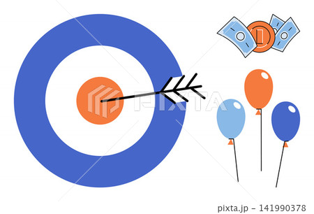 Target with arrow, money, and balloons vector illustration. Success, business growth, financial goals, marketing strategy, celebration, achievement. Bullseye hitting center with currency 141990378