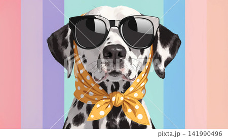 Dalmatian Dog Black Sunglasses Polka Dot Head Scarf Retro Striped Background  141990496