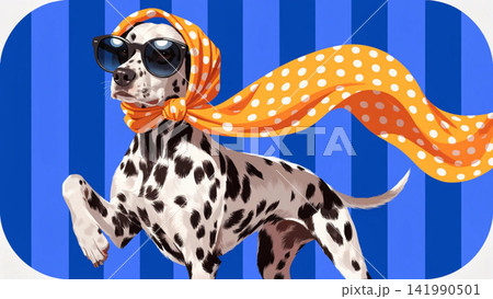 Dalmatian Dog Black Sunglasses Polka Dot Head Scarf Retro Striped Background Dalmatian Dog Black Sunglasses Polka Dot Head Scarf Retro Striped Background 141990501
