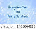 template for greeting card with a happy New year and Christmas. Christmas blue background with bokeh. 141990585