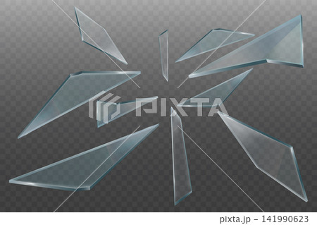 Glass shards breaking into sharp fragments, creating a dangerous transparent effect 141990623