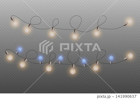 Illuminating festive light bulbs creating a decorative string for celebration Illuminating festive light bulbs creating a decorative string for celebration 141990637