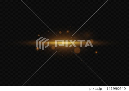 Golden light line with glittering particles and lens flare effect on transparent background 141990640