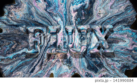 Fluid acrylic pour forming bold three-dimensional with swirling blue, teal, purple, and metallic highlights Fluid acrylic pour forming bold three-dimensional with swirling blue, teal, purple, and metallic highlights 141990884
