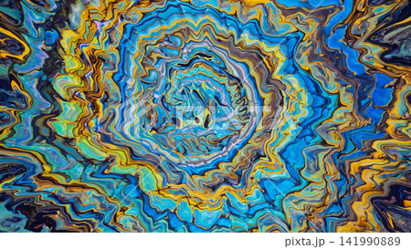 Swirling blue and yellow marbled paint pattern with concentric ripples and glossy layered fluid textures Swirling blue and yellow marbled paint pattern with concentric ripples and glossy layered fluid textures 141990889