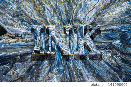 Metallic letters NIK melting into swirling blue silver marbled surface with dramatic radial flow Metallic letters NIK melting into swirling blue silver marbled surface with dramatic radial flow 141990905