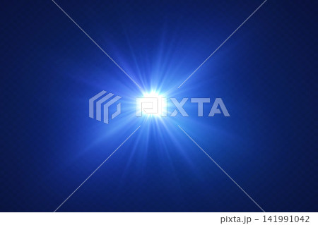 Intense blue sunburst creating abstract visual with glowing rays and lens flare 141991042