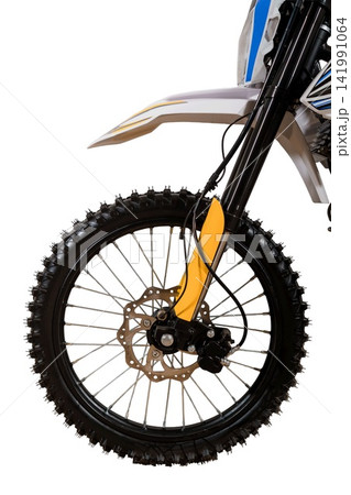 Front wheel of a modern motocross bike with knobby tire and yellow suspension on a white background. Front wheel of a modern motocross bike with knobby tire and yellow suspension on a white background. 141991064