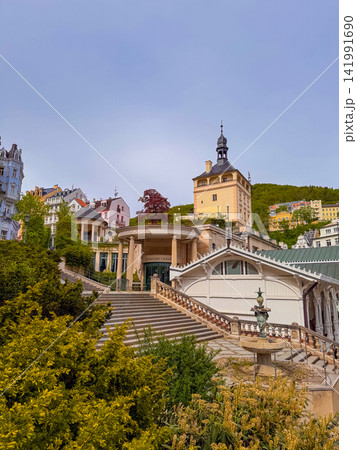 Castle tower and market colonnade in Karlovy Vary, Czech republic Castle tower and market colonnade in Karlovy Vary, Czech republic 141991690