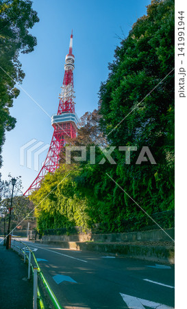 Tokyo Tower viewed from a quiet street in Shiba Park, Tokyo, Japan 141991944