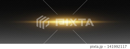 Golden glowing light effect creating horizontal lens flare on dark transparent background 141992117